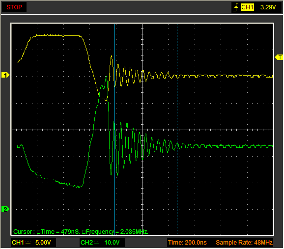 Surprisingly, the scope was able to show this ringing at over 20 MHz.  The instrumentation says 2 MHz, but note that I have the cursor set to measure 10 cycles.